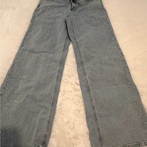 Gray Boot-Cut Jeans with Rhinestone Accent